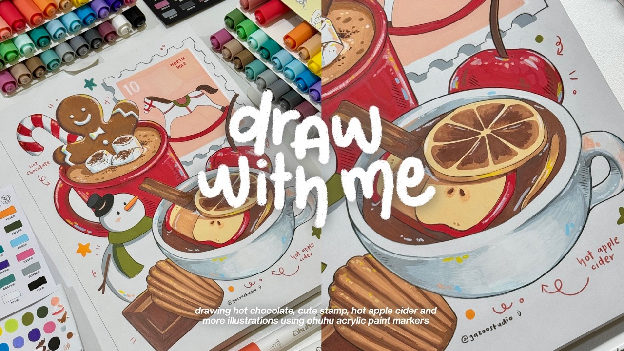 draw with me - Christmas themed illustrations☃️🍎🍫 using acrylic markers