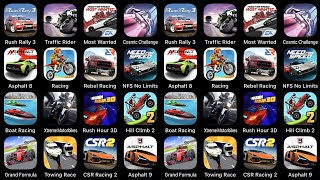 Rush Rally 3, Traffic Rider, Most Wanted, Cosmic Challenge, Asphalt 8, Racing, Rebel Racing