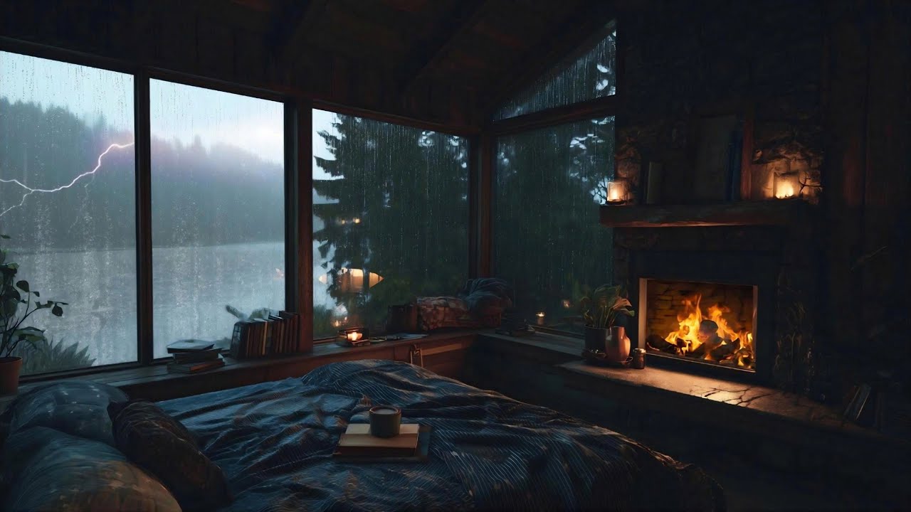 Deep Sleep Rain Sounds 🌧️ | Relaxing Thunder & Wind • Cozy Cabin Fireplace Ambience (No Ads)