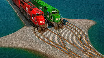 Double Colorful Train vs Double Wide Impossible Weird Rail Tracks Crossing Deepwater | BeamNG.drive