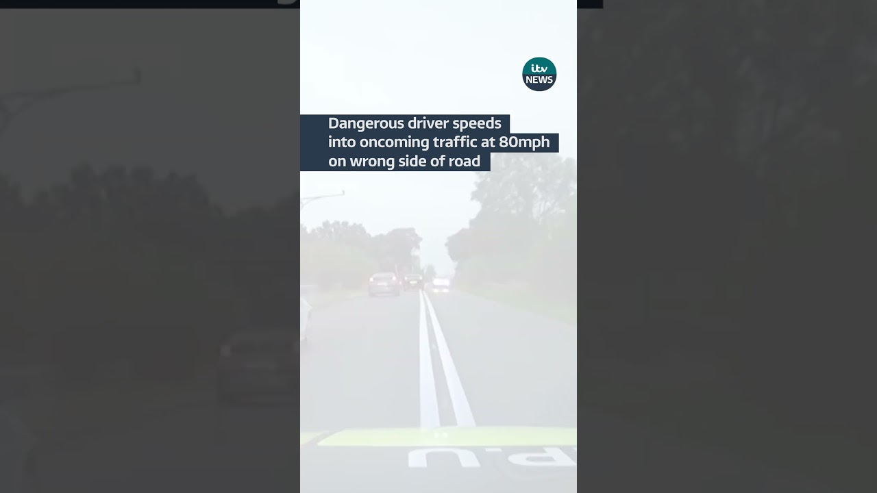 Dangerous driver speeds into oncoming traffic at 80mph on wrong side of road #itvnews #shorts
