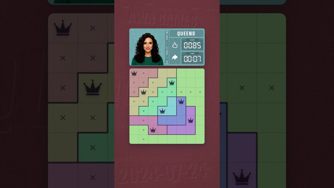 LinkedIn Queens #85 solved board for July 24, 2024, 8x8 grid