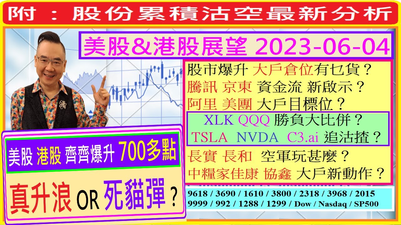 美股 港股 真升浪 OR 死貓彈？🌟/大戶倉位有乜貨👈/騰訊 京東 阿里 美團 新啟示🤑/QQQ XLK 大比併💪/TSLA NVDA  C3.ai 追沽揸🤔/長實 長和 玩甚麼😜/2023-06-04