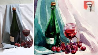 How To Paint A Wine Glass Watercolor | How To Paint Grapes | Still Life Painting Green Bottle