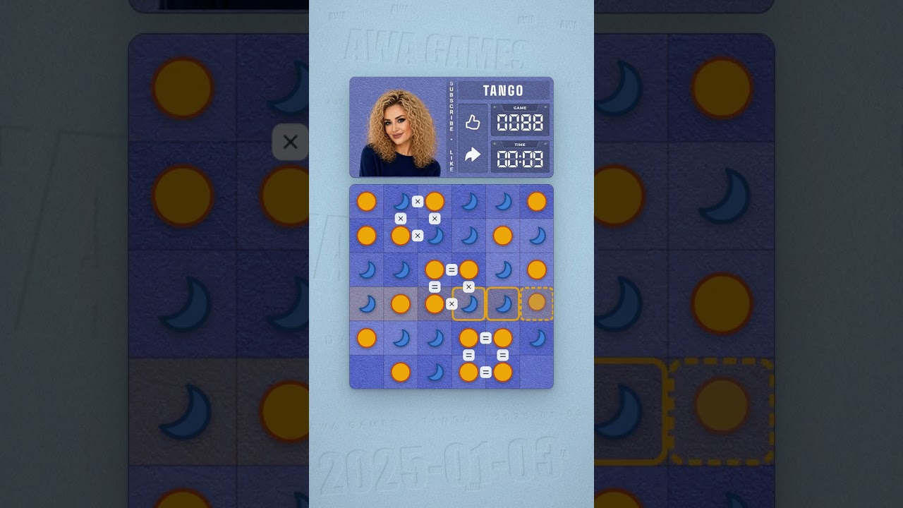 LinkedIn Tango #88 solved board for January 3, 2025, 6x6 grid