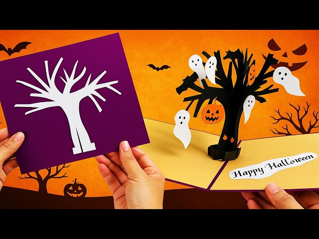 Halloween 3D Pop-Up Karte – Geister & Hexe, Handgemachte Grußkarte