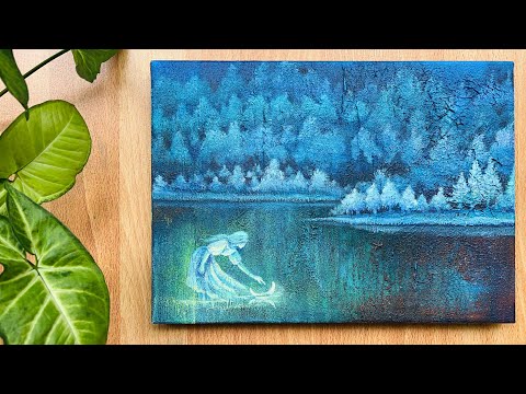 Acrylic Painting | 畫一張森林湖畔 撈月的女孩 | 丙烯畫 壓克力畫 塑膠彩 繪畫技巧 | 藝術療癒