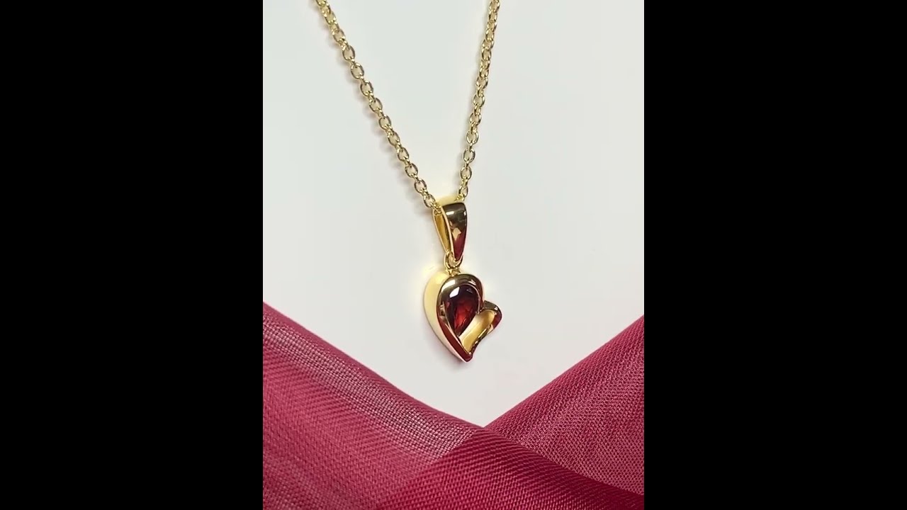 Real red garnet heart shape necklace pendant sterling silver gilt gold plating