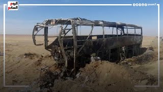 موقع حادث أسوان.. أتوبيس أبو سمبل لم يتبقى منه شىء بعد الحادث