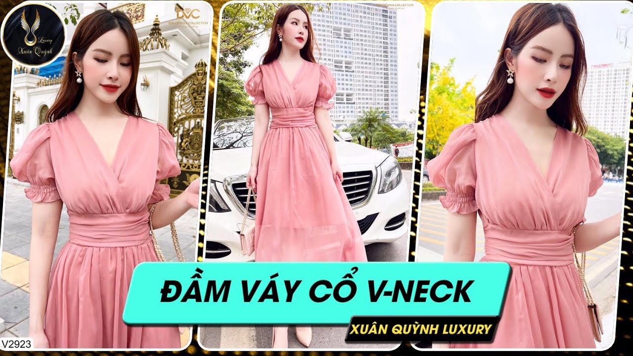 Đầm Váy Dự Tiệc Cổ V-Neck Hồng, Thiết Kế Cao Cấp V2923... - youtube