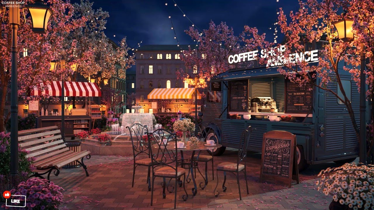 Весенние огни парка в кофейне Атмосфера с расслабляющей гладкой джазовой музыкой