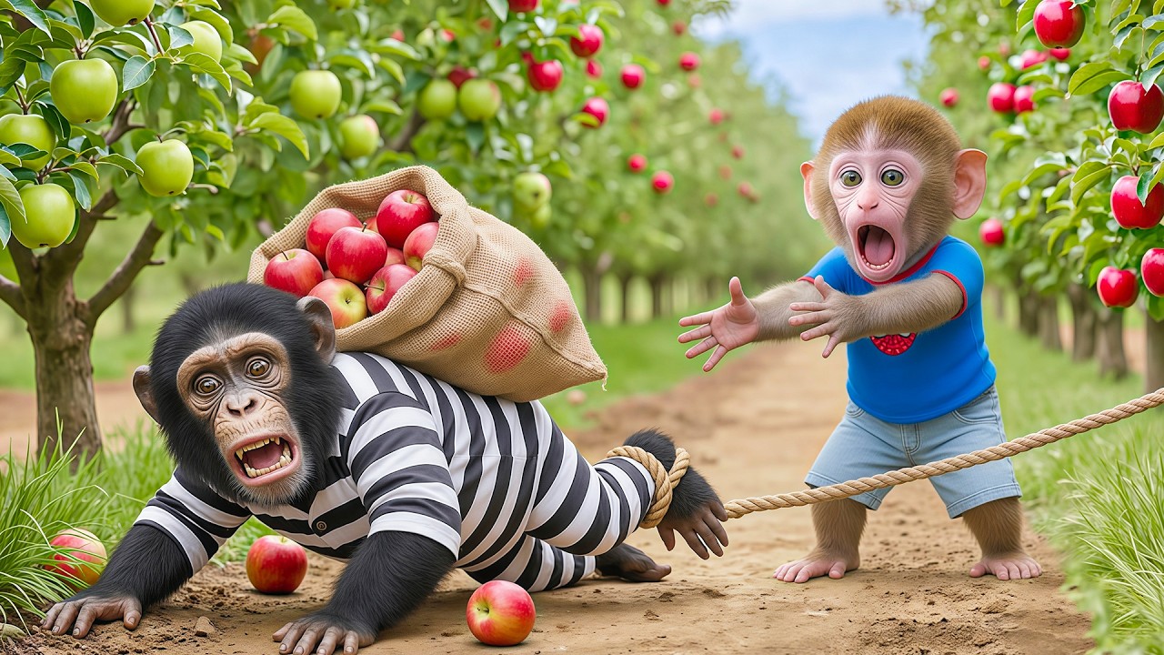 Monkey NaNa Harvests Apples and Catches a Sneaky Thief Stealing Them Right on His Farm.🐒🚜