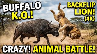 BUFALLO VS LION - PREY CHARGES AT PREDATOR - LION RUNS FOR HIS LIFE