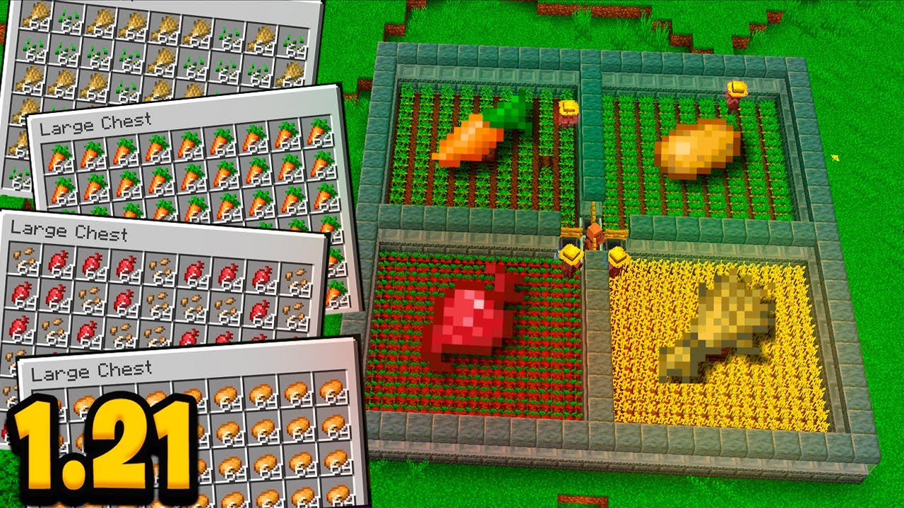 FARM de TRIGO, BATATA e CENOURA no Minecraft Bedrock 1.21 - YouTube
