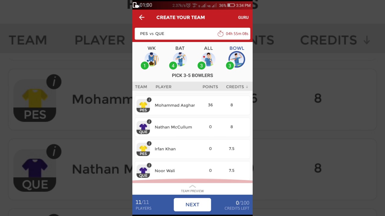Pes vs que!! dream 11 team!!! 25/02
