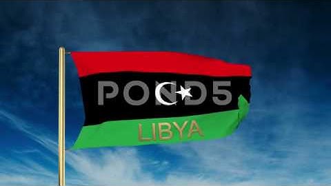 Libya Flag Slider Style With Title. Waving In The Wind With Cloud Background