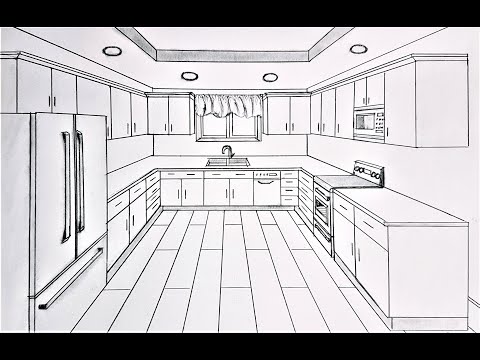 How to draw a kitchen in one point perspective