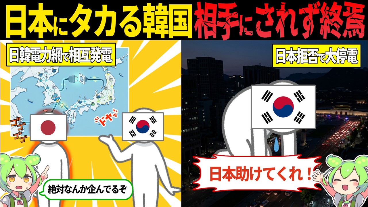 日本に電力をタカろうとした韓国、目論見がバレて電力インフラが崩壊危機に!?日本に助けを求めるも無視され完全終了【ずんだもん・ゆっくり解説】