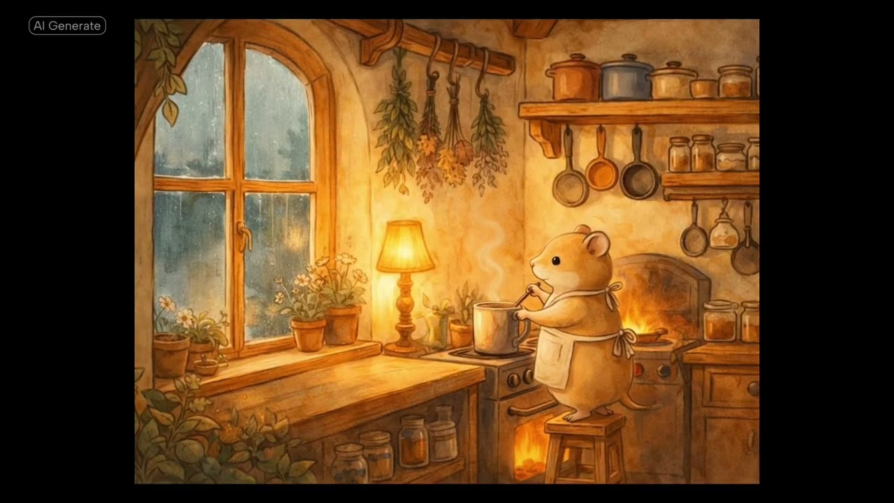 Cozy Mouse Cooking Ambience 🐭 | Warm Study Music, Rainy Window & Calm Focus (1 Hour)