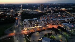 York Condos Downtown Markham Drone Aerial Twilight Flight