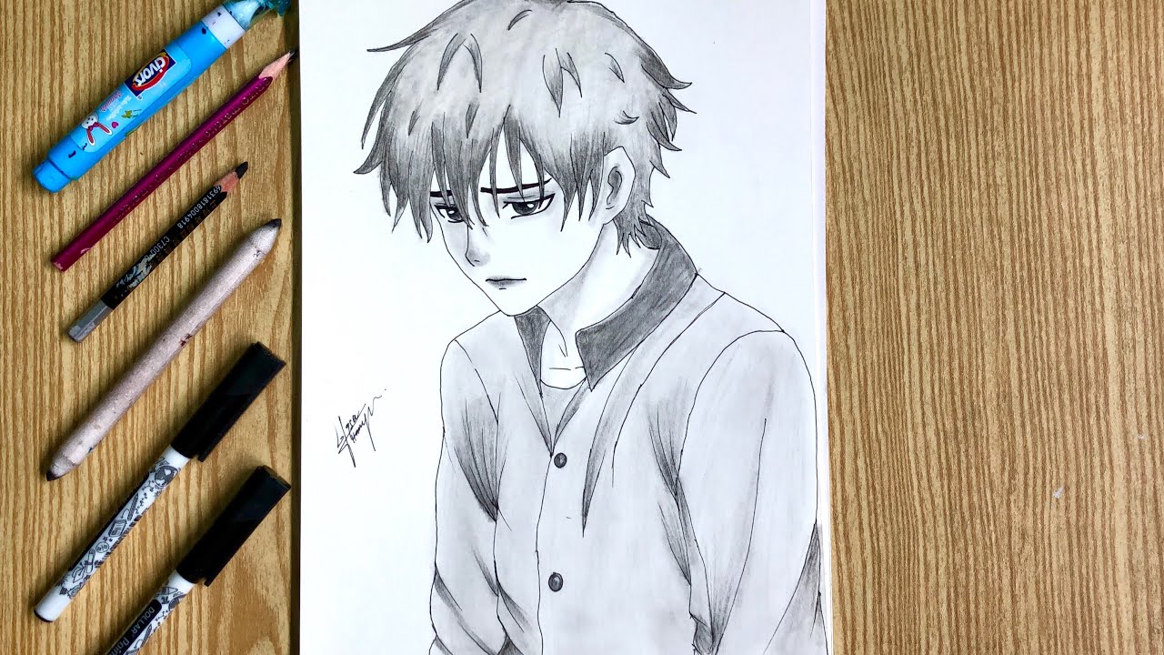 How to draw sad anime boy 