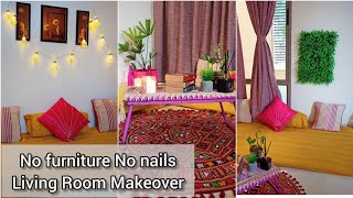 No Sofa No Nails No Mattress Living Room Makeover 2021| Rental & Budget Friendly Makeover