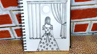 Pencil sketch of a girl standing beside the window || Easy back side drawing of a girl - Pencil art