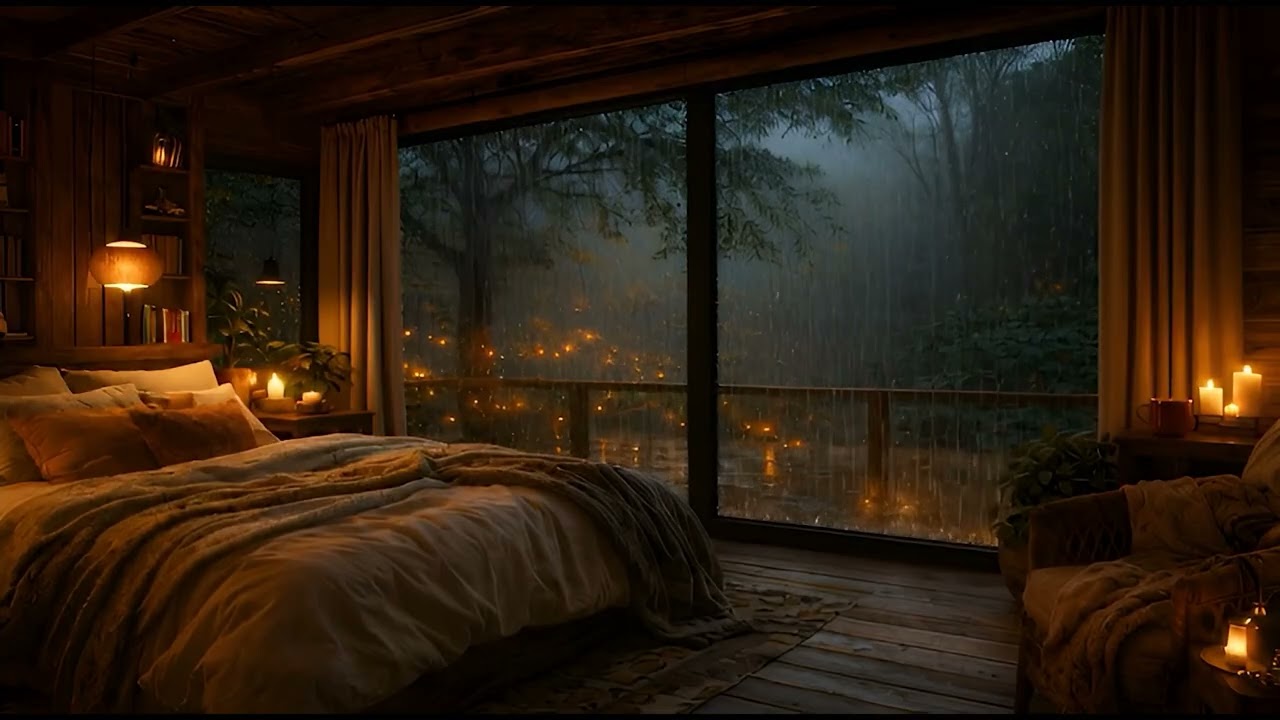 Rain in the Forest Cabin, Window Rain Ambience, Warm Lights & Peaceful Night Sounds