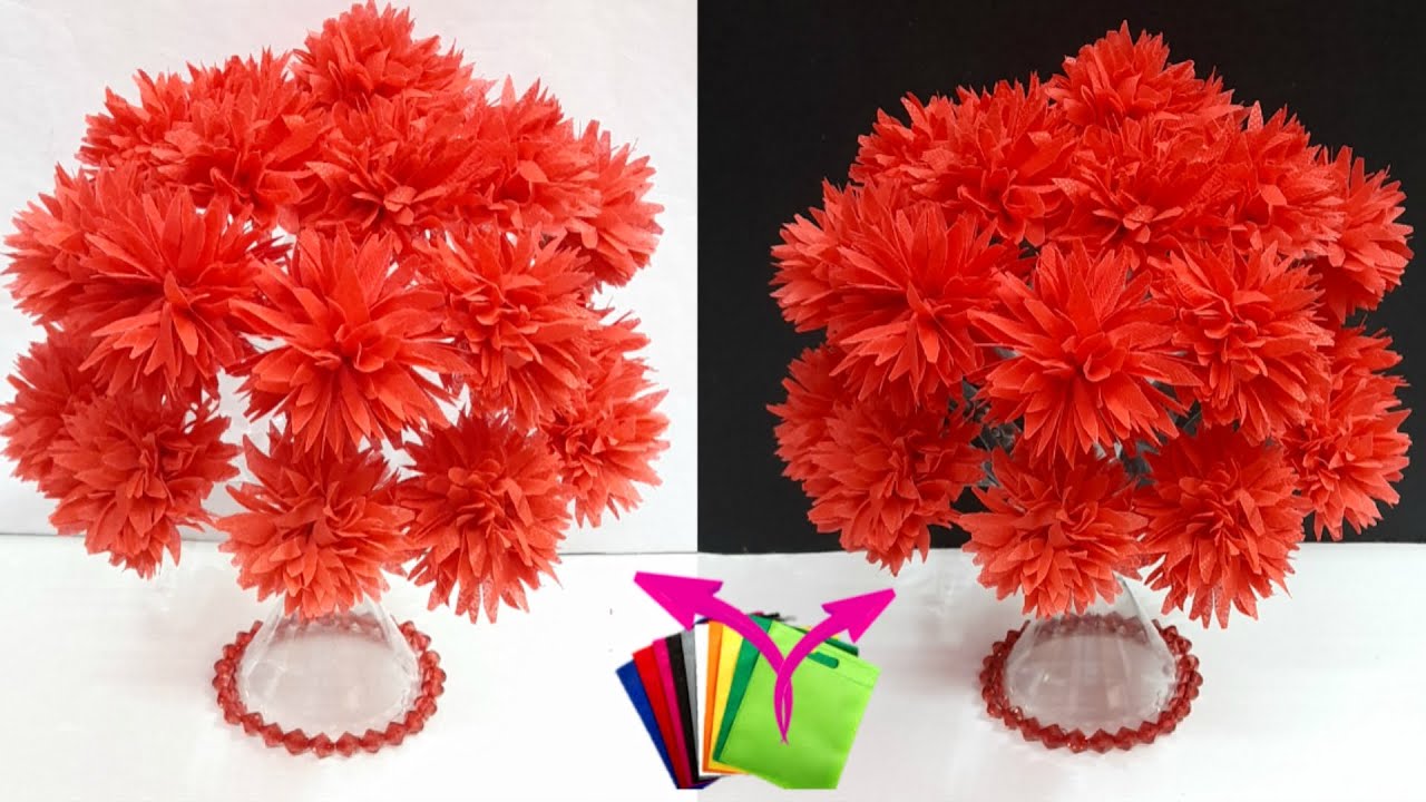DIY-flowers Bouquet/Guldasta made with shopping carry Bag & Plastic bottle|DIY-room decoration idea