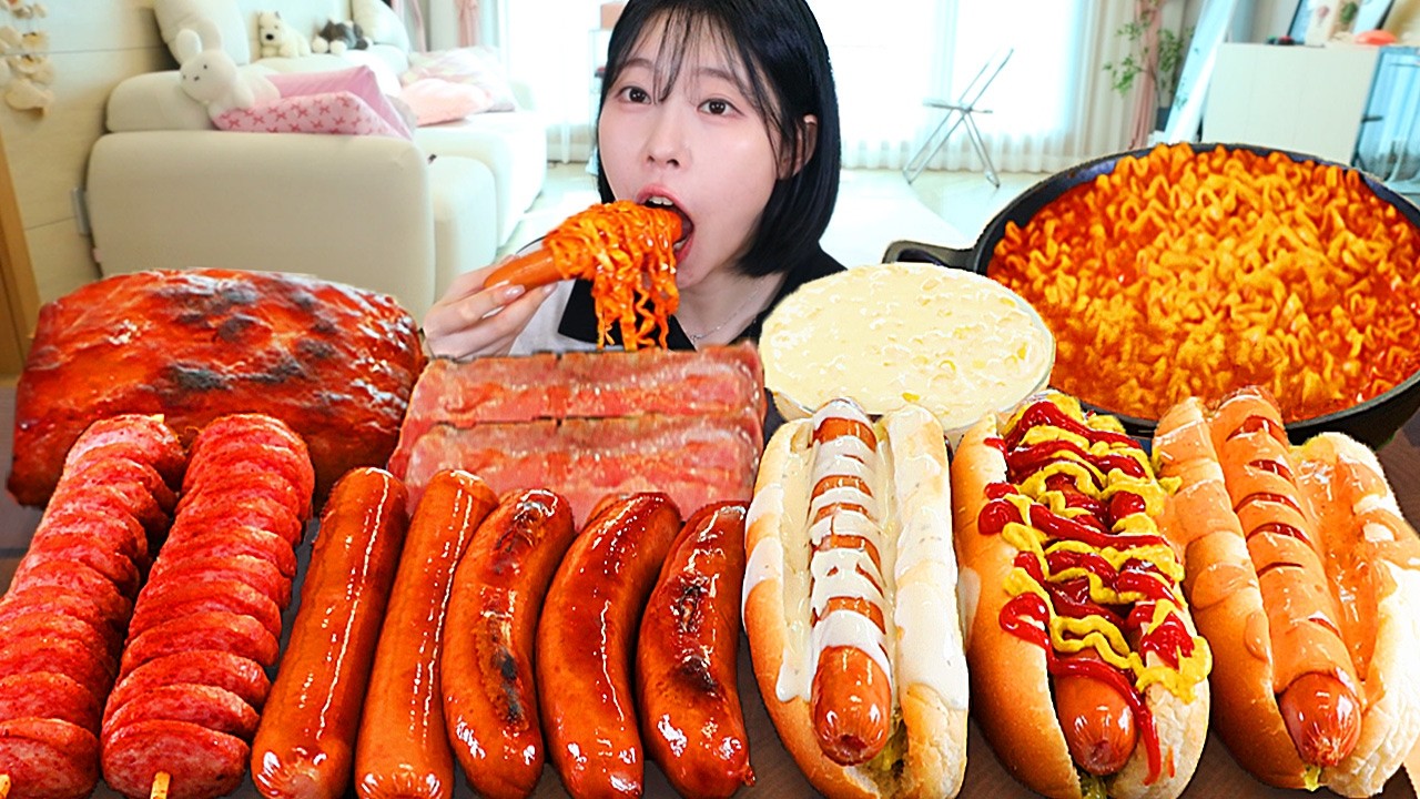 ASMR MUKBANG| 직접 만든 불닭볶음면 소세지 핫도그 먹방 & 레시피 SAUSAGES AND FIRE NOODLES EATING