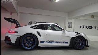 Matte White Porsche 911 Gt3 Rs Weissach Package With Indigo Blue Wheels At Autoshield Sweden
