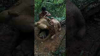 I Built a Giant Lion Clay Stove #primitivecooking #claystove #bushcraft #shorts