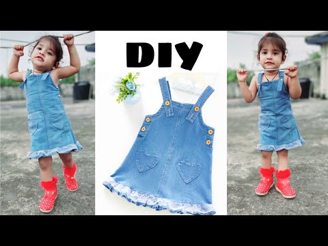 DIY : Convert/Reuse Old Jeans into Baby Denim Dress || Easy Cutting