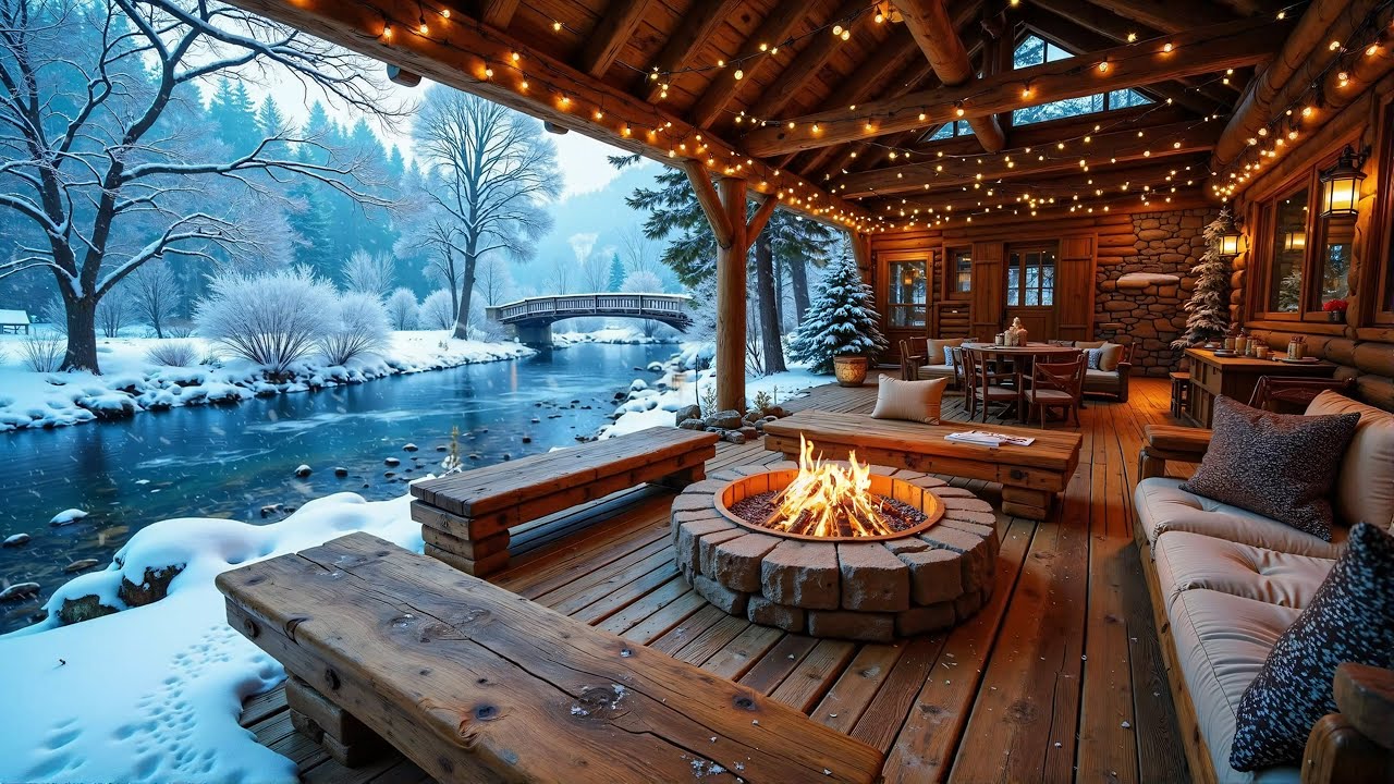 Relaxing Winter Ambience at Cozy Fireside Porch 🔥 Soothing Piano Music ...