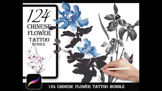 124 Flower art tattoo design | brush stamps bundle for procreate screenshot 1