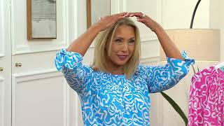 Susan Graver Printed Liquid Knit Smock-Neck 3/4-Sleeve Top with Tie Detail on QVC