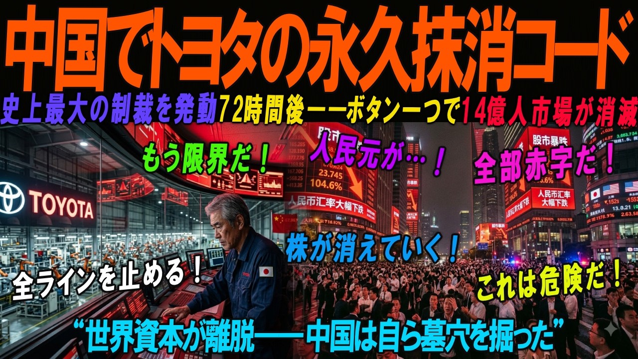 【海外の感動話】72時間後に沈黙 中国が日本トヨタへ5000億円制裁。永久抹消コードを起動する一つボタン何起きたのか。3日で1000億円工場は墓場と化し世界資本は中国を見捨て14万人が政府へ石を投げた
