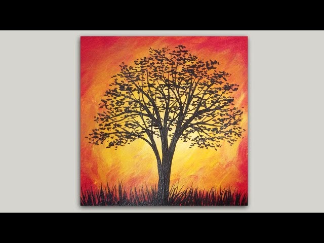 Sunset Tree Silhouette Painting Easy Landscape Painting Acrylic Painting Demo Youtube