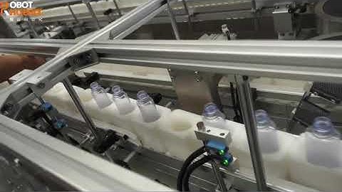 Bottle unscrambler: RobotPhoenix BAT-1300A delta robot. 50bpm per robot.