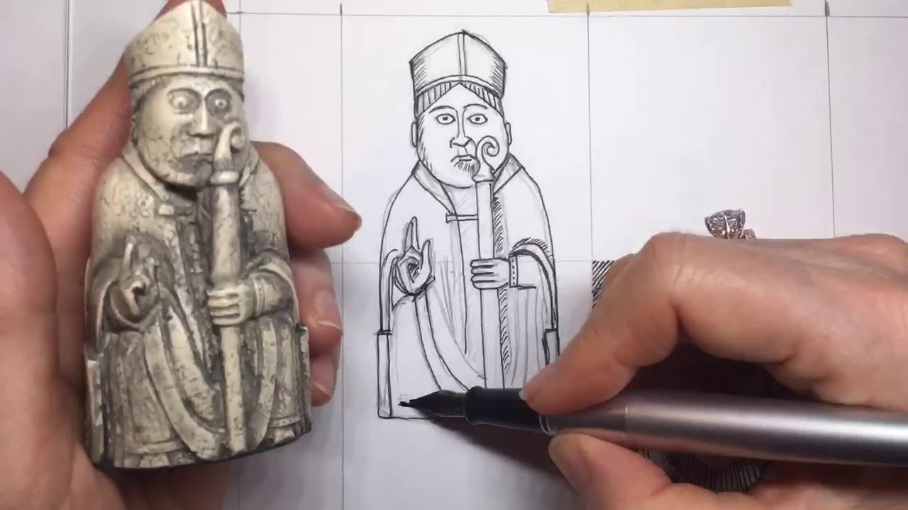 Isle of Lewis Chessmen. Pen and ink drawings of medieval chess pieces.