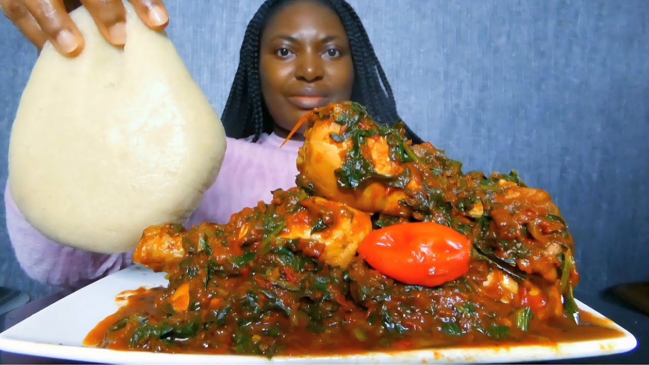 Asmr mukbang delicious chicken spinach stew with fufu 