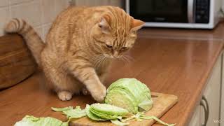 Cat cutting cabbage