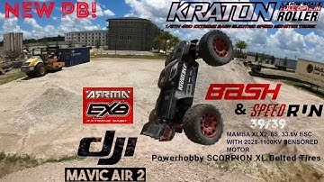 Kraton8sEXB-1100kvMotor/XLX2; 39/39; PowerHobbyScorpionXL BeltedTires; Bash&SpeedRunw/MPH; MavicAir2