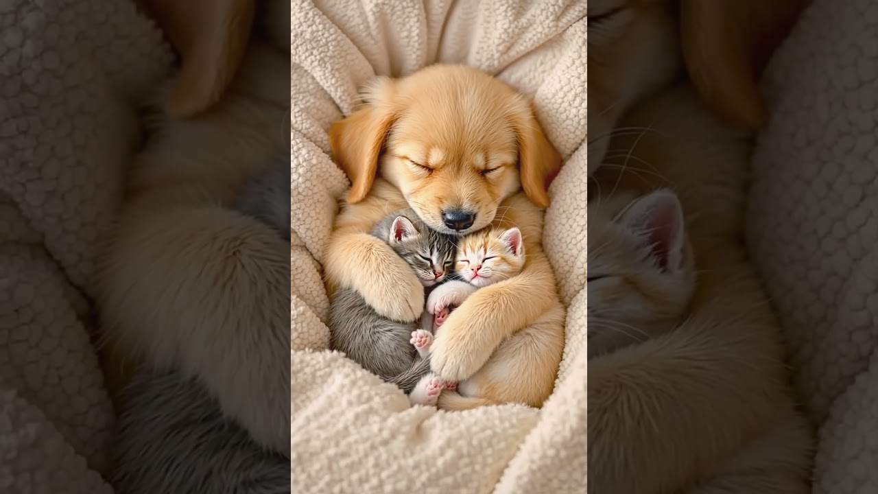 Adorable nap time: puppy cuddles two kittens!🐱🐶❤️