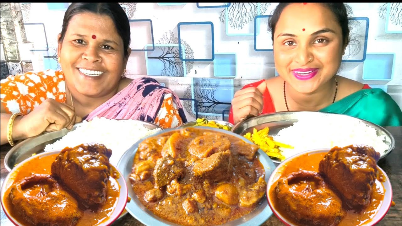 New eating rice with🔥🔥fatty mutton curry fish masala curry sag fish Curry vegetable fry eating show