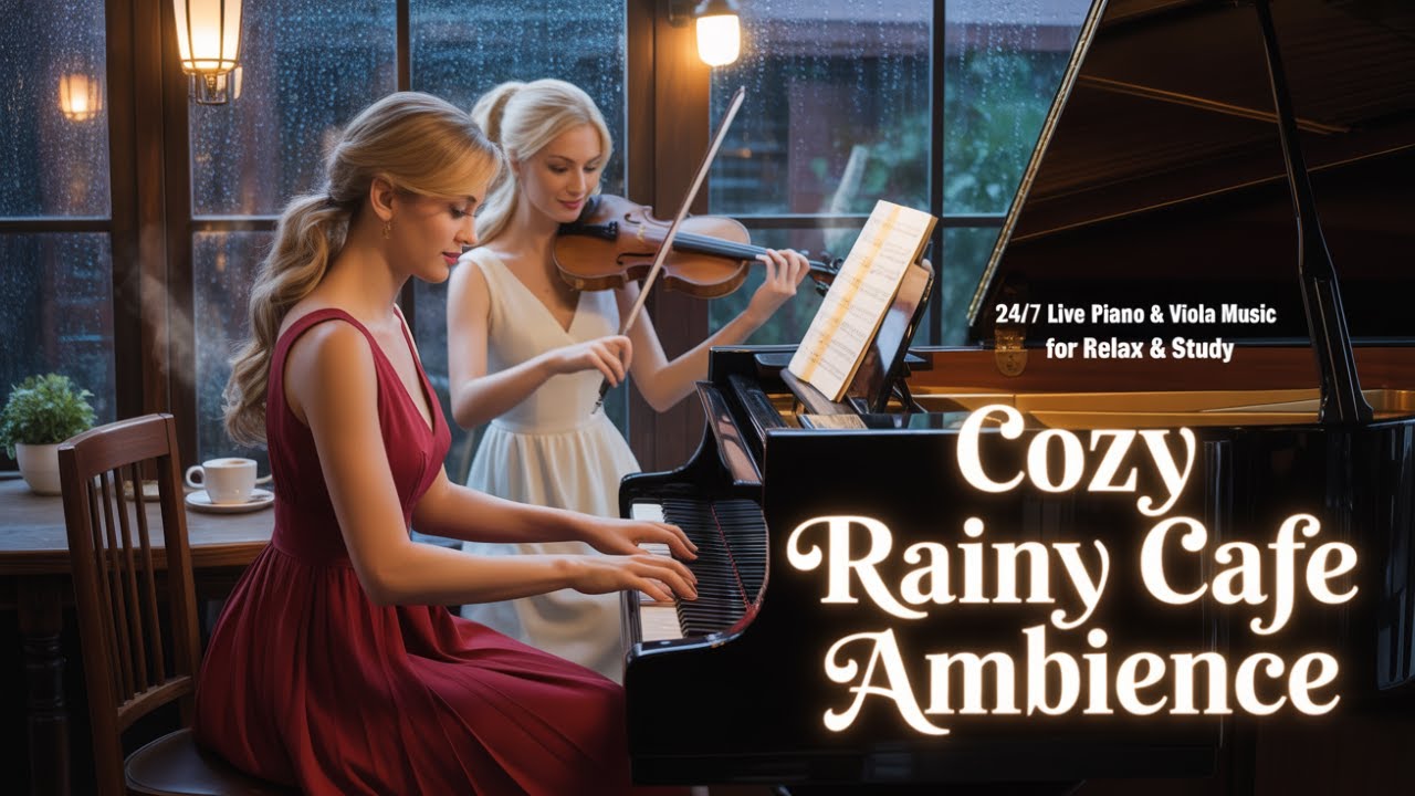 Cozy Rainy Cafe Ambience: Calming Piano & Viola Music for Relax & Study