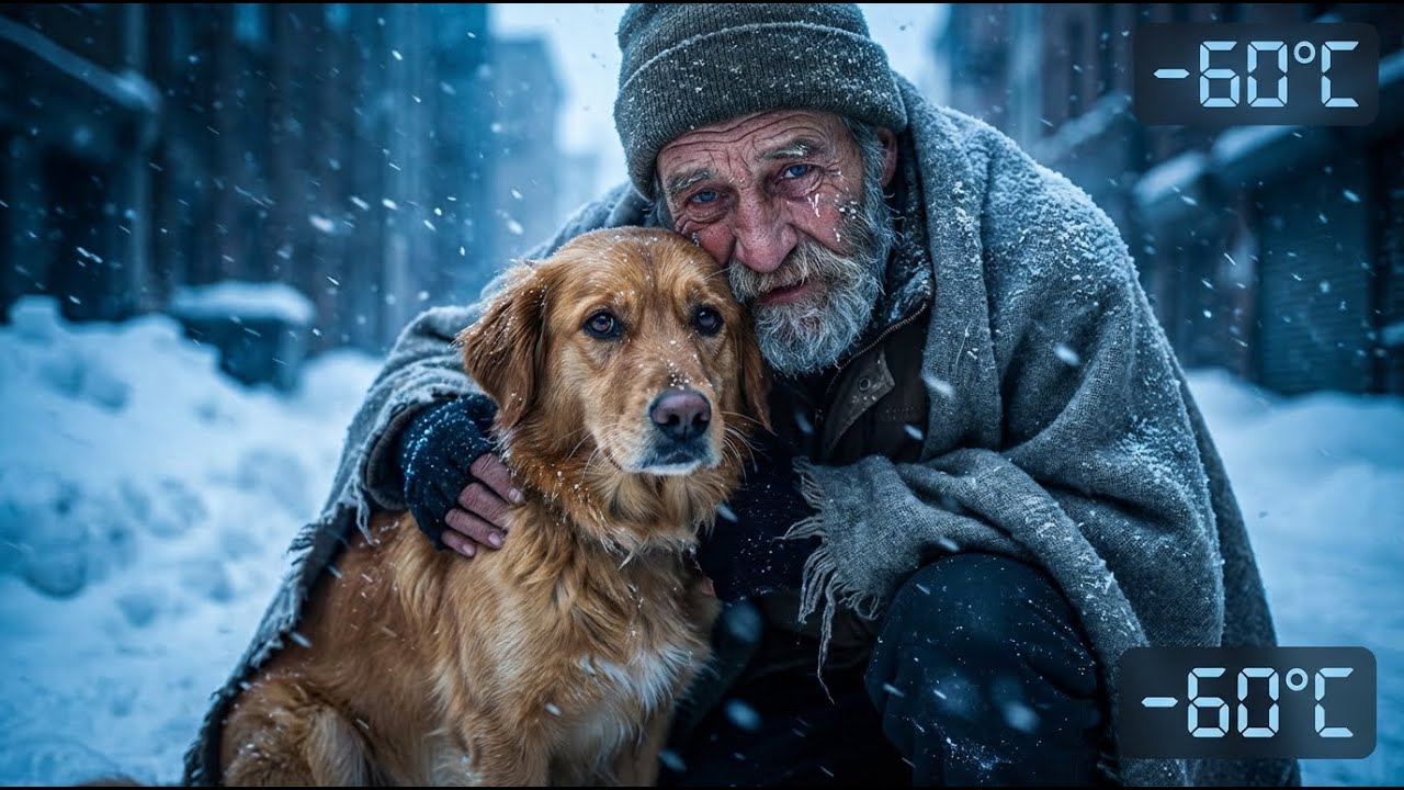 Homeless Old Man Shares His Only Blanket with Freezing Pregnant Dog in –60°C Blizzard