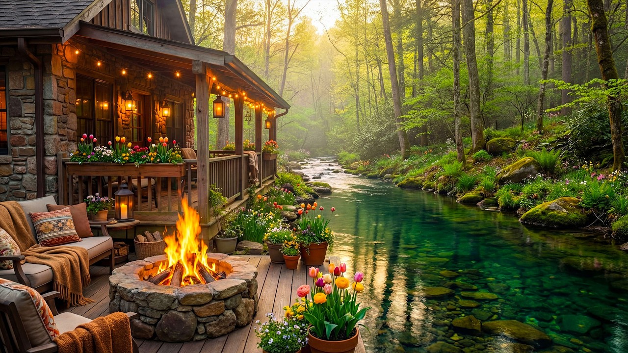 Calming Spring Forest Riverside Cabin Porch 🔥🌿 Relaxing Campfire & Calm ...