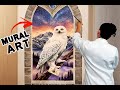 Mural painting White Owl with landscape