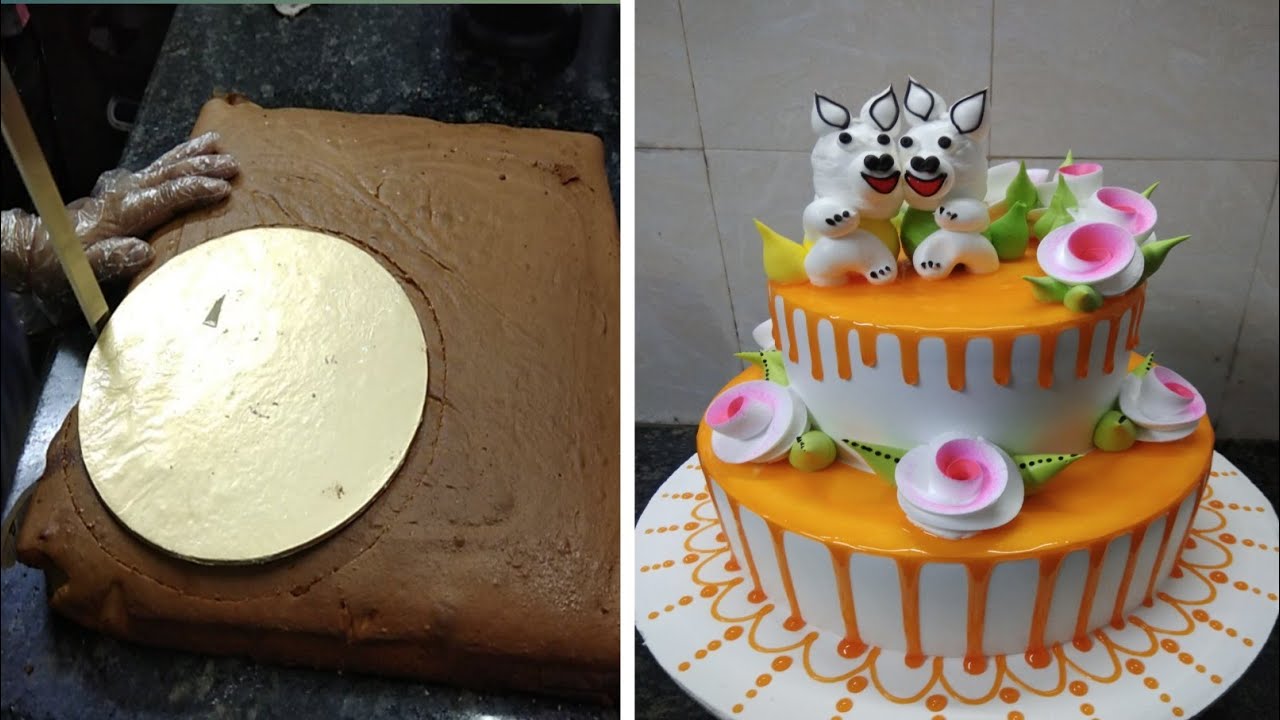 Two Tire Birthday Animal cake design |Cake Cutting kaishe Karte hai |Flowers Cake decorating